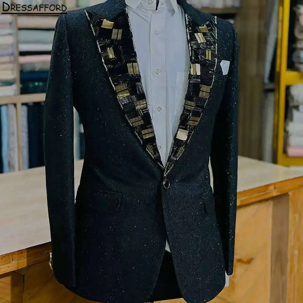 

Black Men Business Glitter Crystal Beading Formal Ocn Tuxedos Grooms Wedding Party Prom Male Suit 2 Piece Set Blazer Pants
