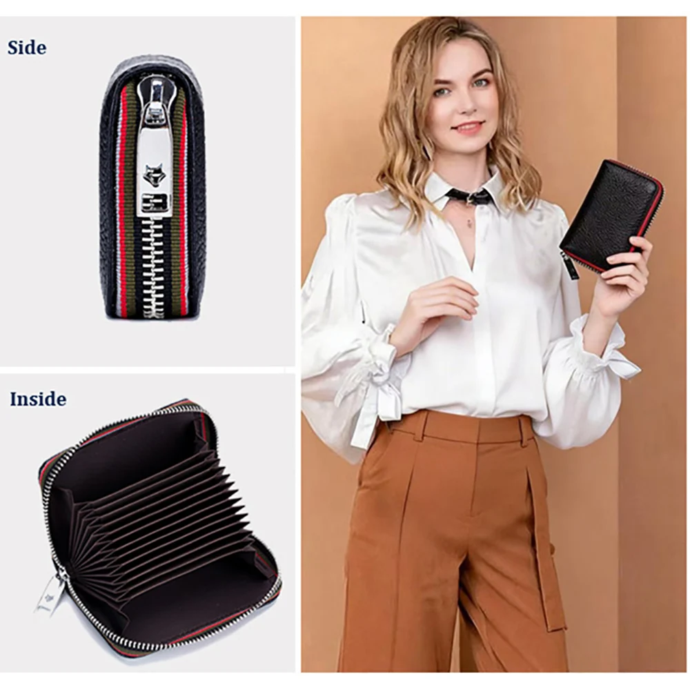 Genuine Leather RFID Wallet Men Women Accordion Card Holder Zipper Coin Purse Business Credit ID Card Holder Small Wallet