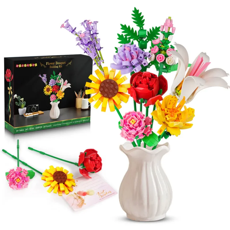 Buquê de flores com vaso, coleção botânica, blocos de construção brinquedo, flor casa planta decoração, mothe, 1853pcs