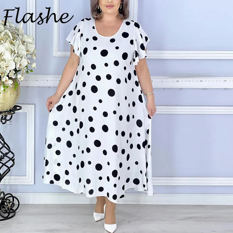

Plus Size Woman Dresses Ruffle Sleeves Dot Printed Loose Party Dress Women Casual Robe Short Sleeve Loose Beach Holiday Dress