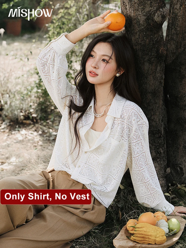 

MISHOW Women's Lapel Collar Long Sleeve Blouse 2026 Spring Floral Embroidery Lace Tops Casual Loose White Shirt MXF15C2454