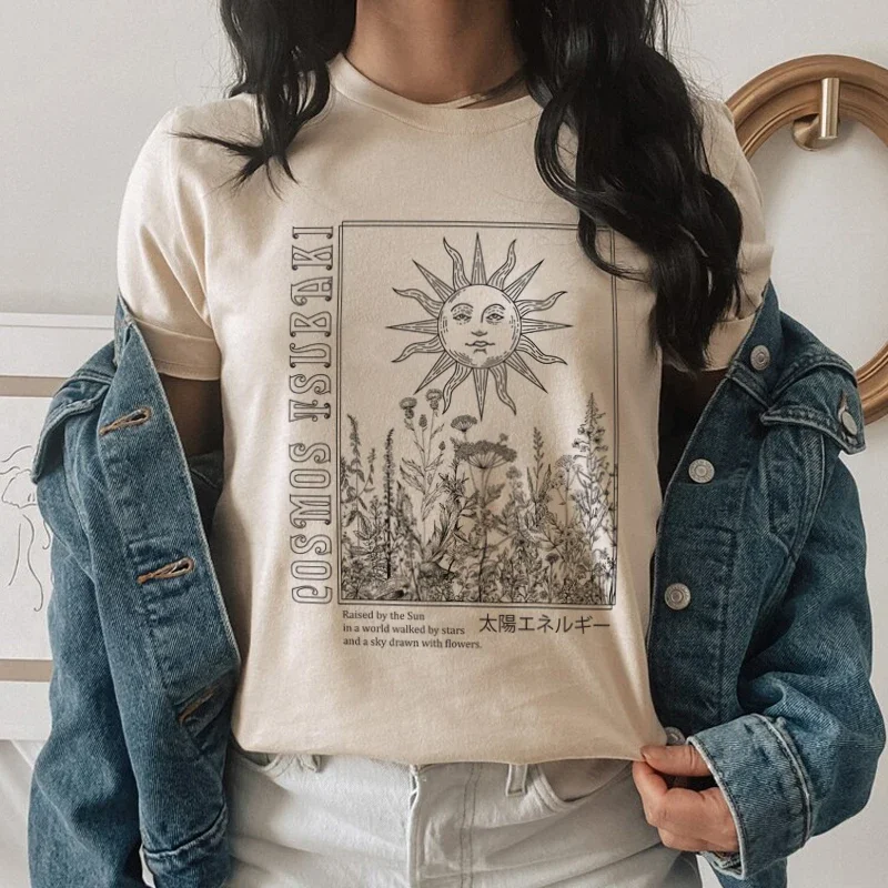 Celestial Sun Floral Print T-Shirts Female Vintage Boho Mystic Retro Aesthetic Graphic Tees Women Hippie T Shirts Witch Tops