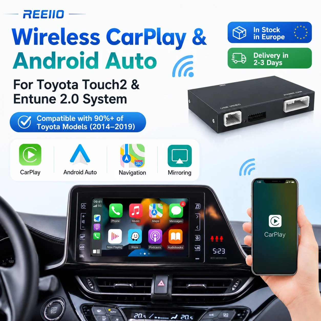 Interfejs Wireless Carplay do Toyota Tundra (2014-2019), RAV4, CH-R, Corolla, Camry, Prius z systemem Touch2 Entune2.0, obsługujący Android Auto, Airplay, Bluetooth i funkcje nawigacji.
