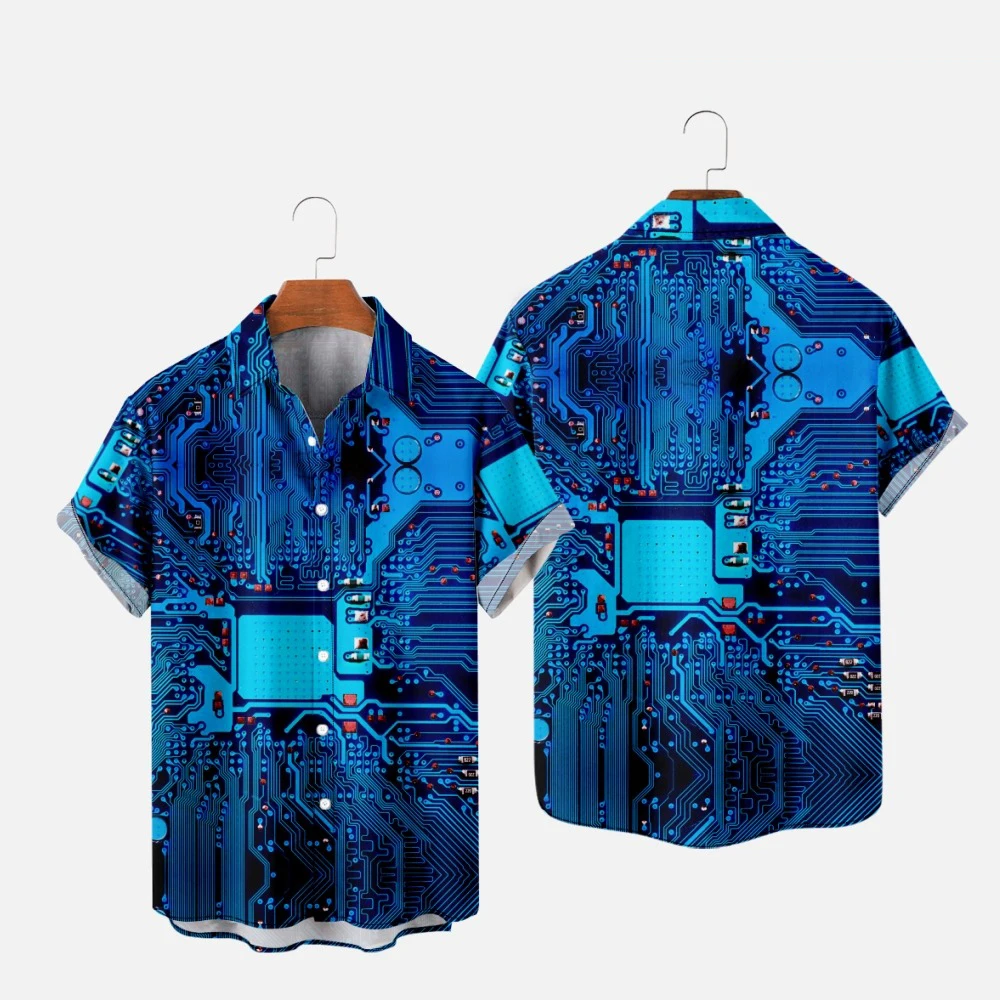 Man Hawaiian Button Up Shirts Hombre Fashion Shirt Circuit Board 3D Printed Warm Casual Short Sleeve Beach Oversized Clothes