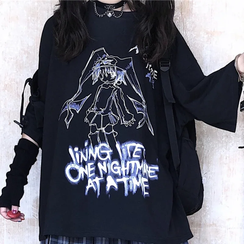 Women Girl T Shirt Goth T-shirt Anime Graphic Tshirt Streetwear Tee Tops Fairy Grunge Clothes Emo Clothing Gothic Black 2024