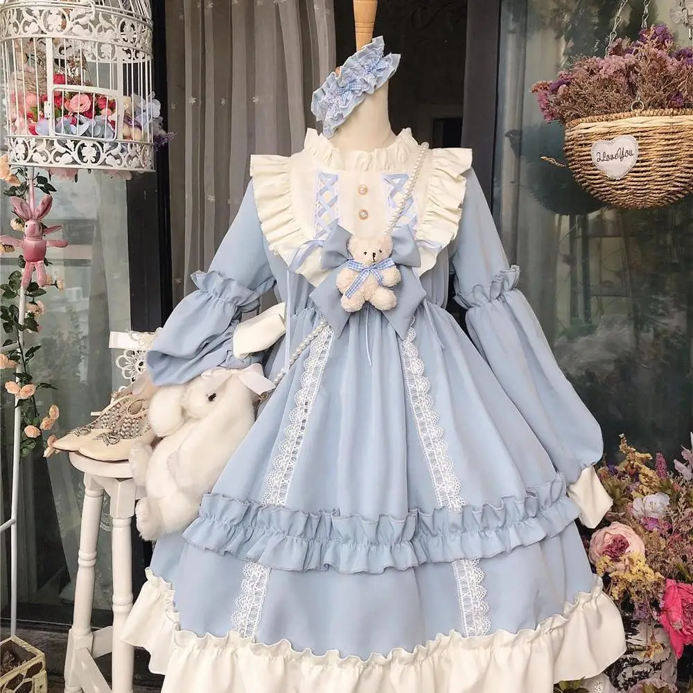 MAGOGO Japanese Gothic Vintage Lolita Dress Women Cute Bow Bear Lace Blue Dresses Long Sleeve Princess Dress Halloween Costume