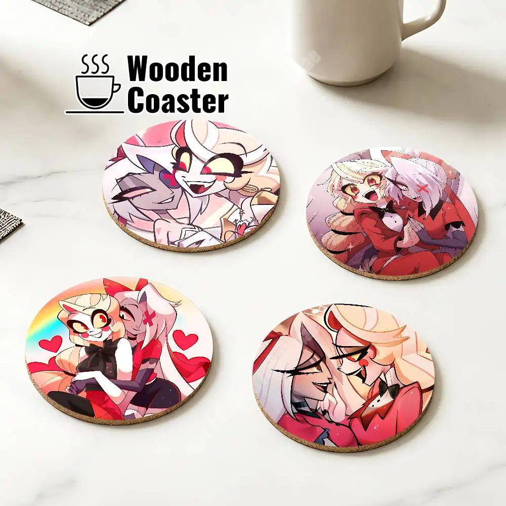 

H-Hazbin H-Hellaverse Charlie Vaggie Wooden Cup Mat Espresso Whiskey Soda Water Coaster for Dessert Store