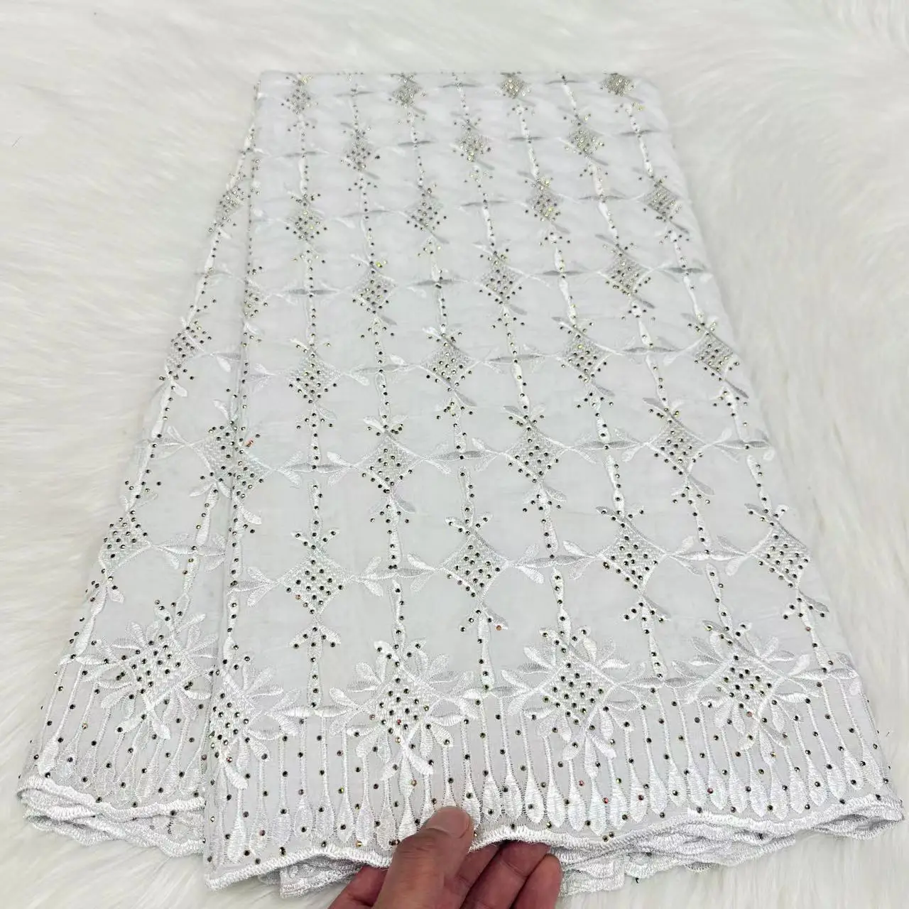 

White Embroidered Austria Cotton Novelty African 100% Cotton Lace Fabric Nigerian Sequin Stars Wedding Prom Sewing Dress 5 Yards