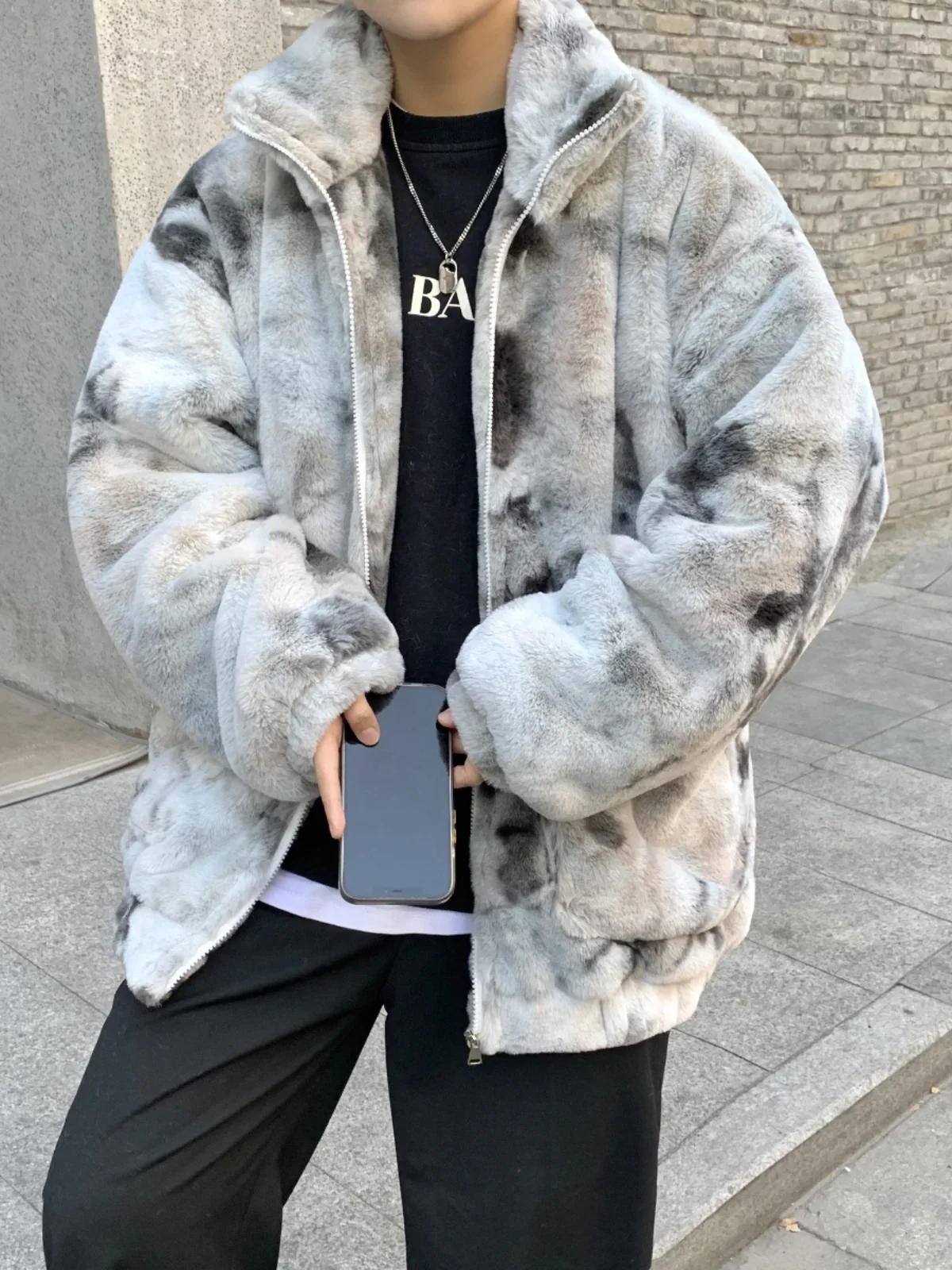 Tie-Dyed Lamb Wool Coat Zipped Stand Collar Fur Men's Thick Winter Fashion plus Size Coat Loose Casual All-Matching Jacket 1Pc