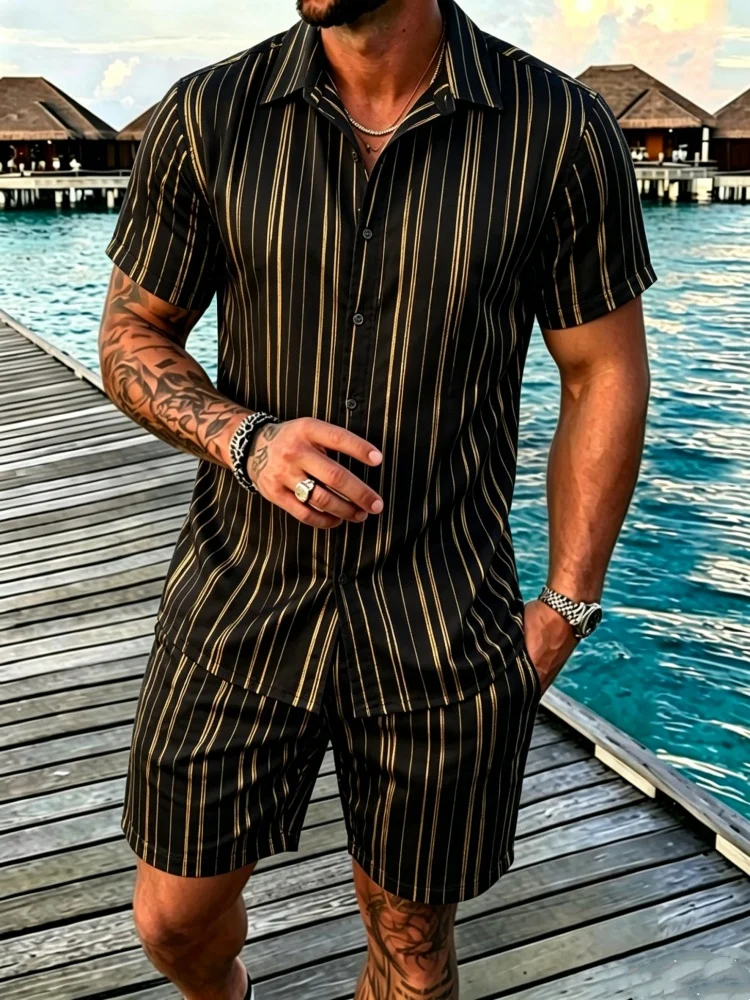 

Men's Short Sleeve Lapel Shirt & Shorts Set, Loose Comfort Striped Print Casual Summer Outfit