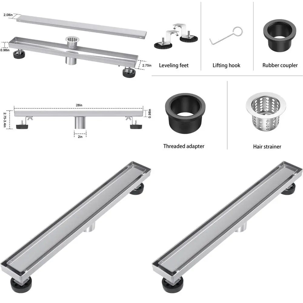 

28 Brushed SS Rectangular Shower Drain with Hair Catcher & Adjustable Feet