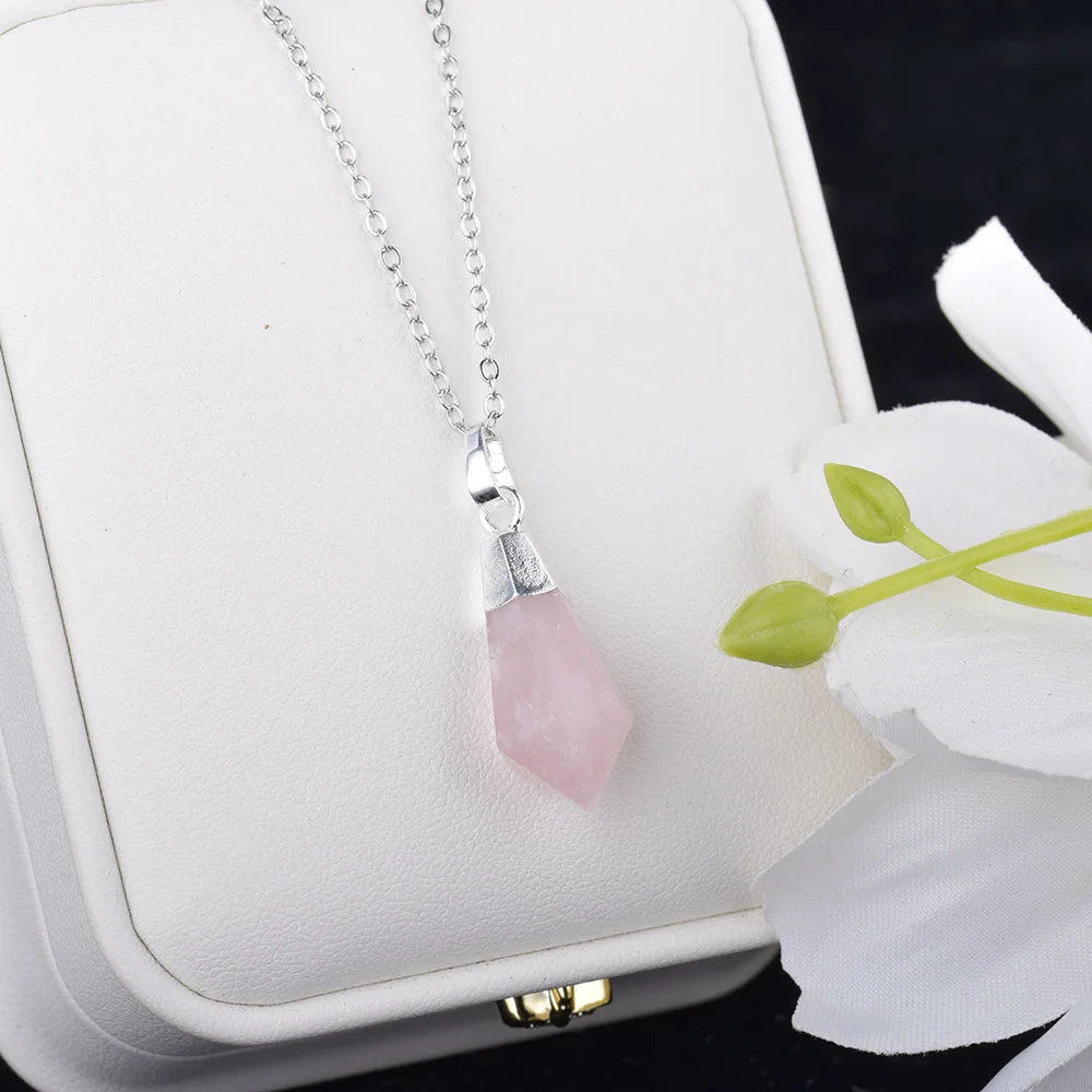 ITSMOS Natural Rose Quartz Prism Pendant Necklace Crystal Column Pink Love Facet Gemstone Necklace for Women Romantic Jewelry