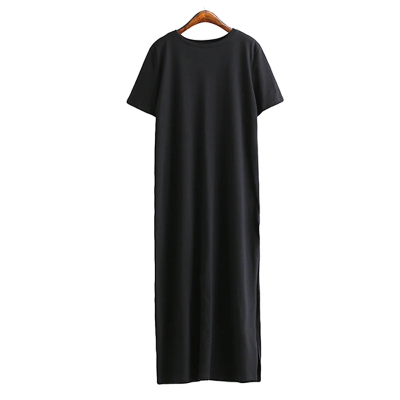 Summer Korean Style Midi Dress Women Casual Black Long Dresses Short Sleeve Sexy Plus Size Side Open Party Maxi T Shirt Dress