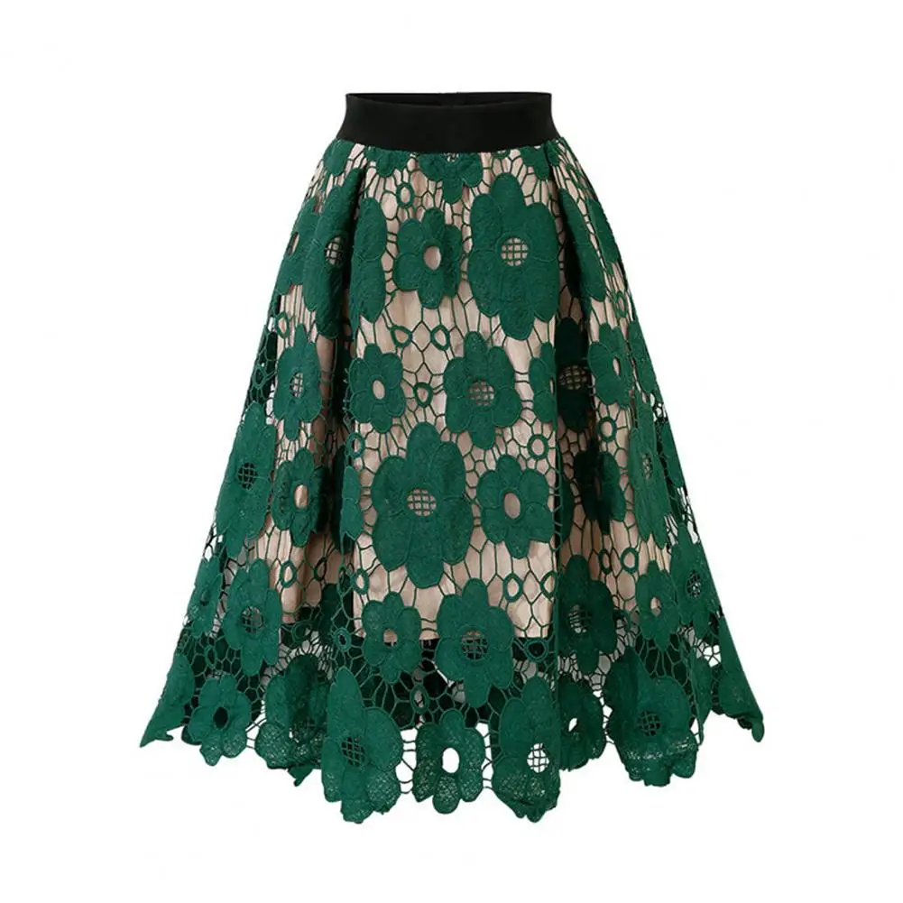 

Solid Color Floral Lace Skirt Women Skirt Elegant Floral Lace A-line Midi Skirt with High Elastic Waist for Women's