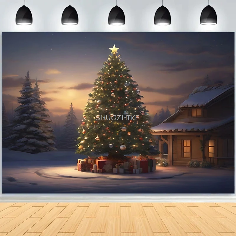 New Year Christmas Tree Decoration Photography Backdrops Props Pinecones Snow Fireplace Winter Holiday Party Background DT-01