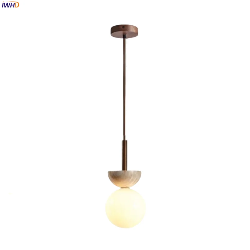 

IWHD White Glass Ball LED Hanging Lamp Home Decor Bedroom Dining Living Room Yellow Travertine Nordic Pendant Lighting Luminaria