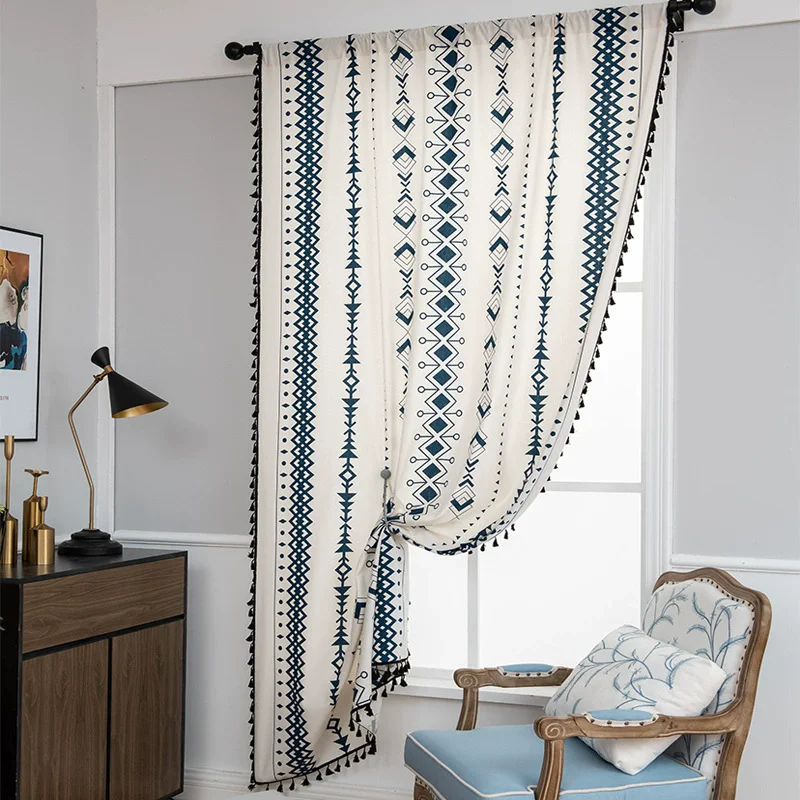 Bohemian Style Cotton Linen Printed Geometric Pattern Fringed Curtains Semi-Blackout Fabric for Home Decor