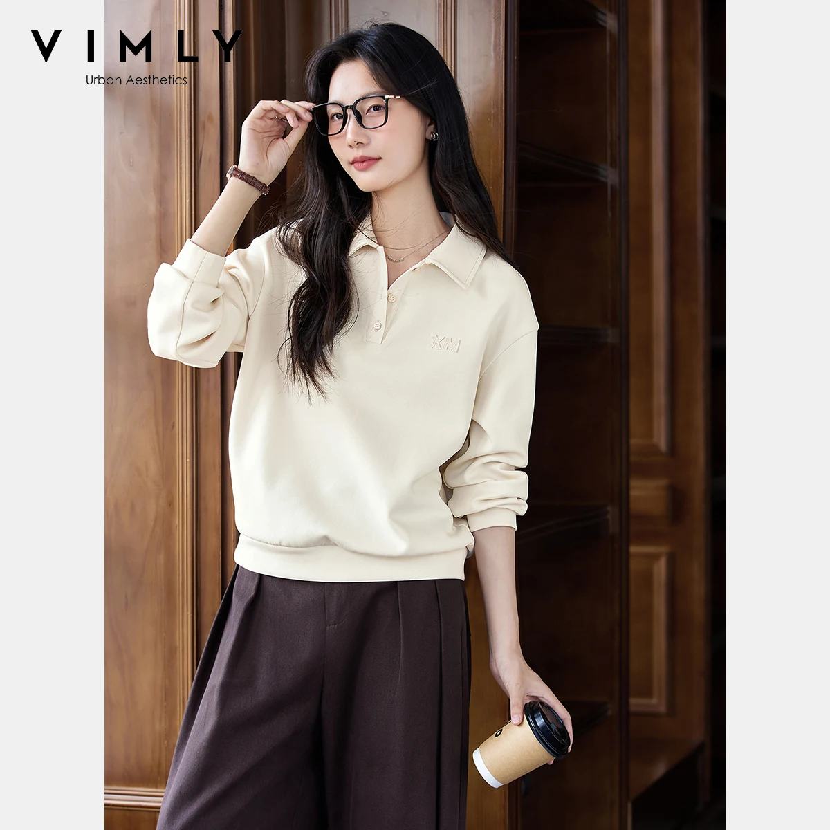 VIMLY Sweater Woman Letter Embroider Apricot Autumn 2025 Casual Long Sleeve Tops Sporty Knitted Loose Sweatshirts Female A2126