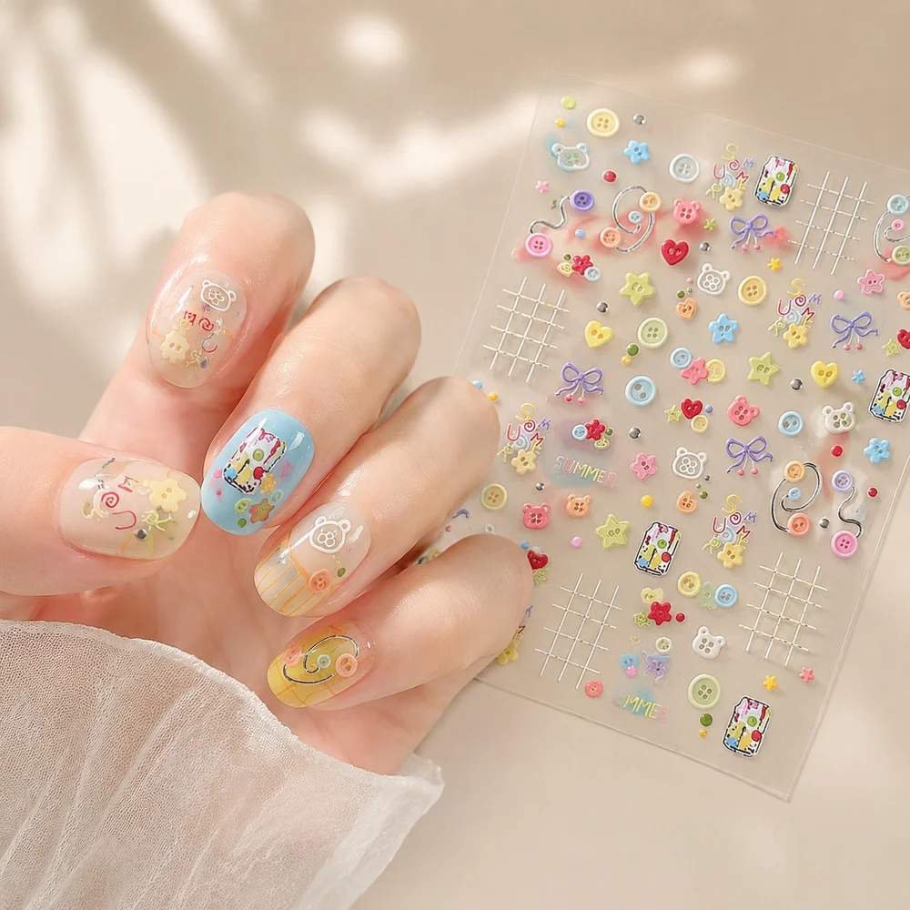 1Pc Bow Flower Cartoon Button Nail Stickers 5D Embossed Self‑Adhesive Sewing Grid Decals Sweet DIY Manicure Nail Art Decor Kit