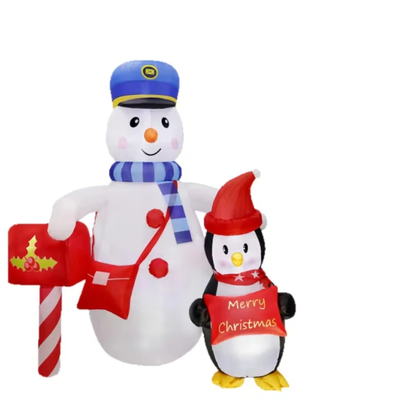 Snowman Postman with Blue Hat and Penguin Holding Sign in Red Hat for Christmas Holiday Interactive  Decoration