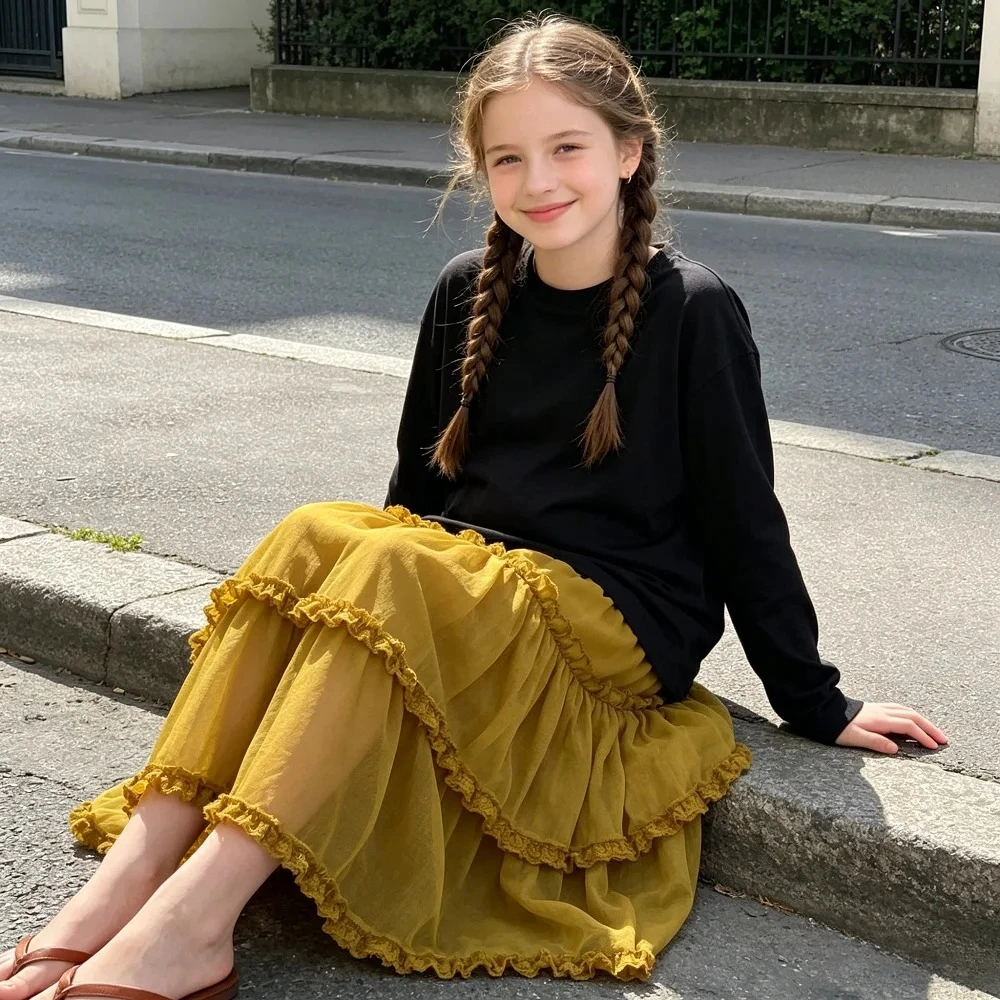 Girls Mustard Yellow Chiffon Tiered Midi Skirt Elastic Waist Lace Trim Ruffle Flowy A Line Long Skirt Teenage Summer Casual Wear