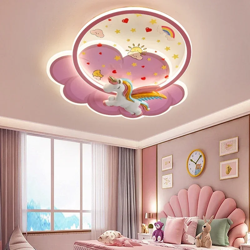 Princess Room Unicorn Ceiling Lamp Remote Control Optional Dimming LED Pink  Chandelier for Bedroom Nursery  Girl Kid