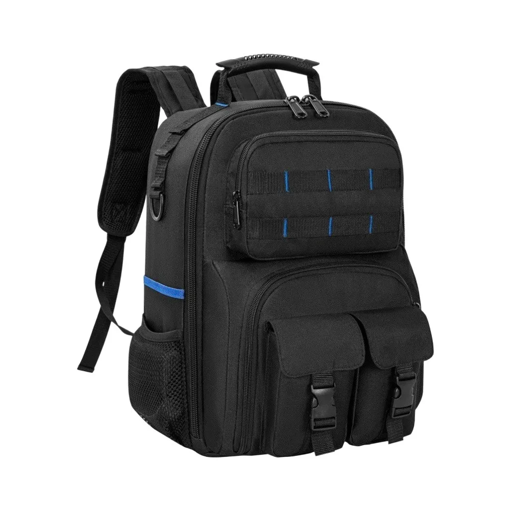 Double Compartment Tool Organizer Backpack 600D Waterproof Construction Comfortable Padded Straps for Electricians and Plumbers