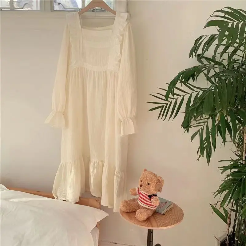 Lace Women Nightgown Ruffles Sleepwear Korean Nightwear Autumn Long Sleeve Sleeping One Piece Pajamas Square Collar Night Dress