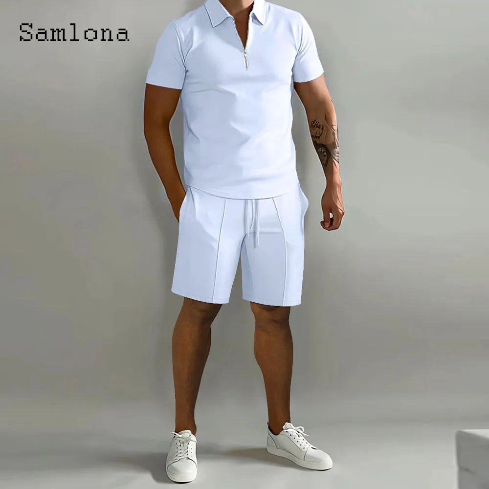 Mens Casual Sports Running Two Piece Sets 2024 Europe Style Polo Shirt and White Pocket Shorts Suit Male Beach Tracksuits Set