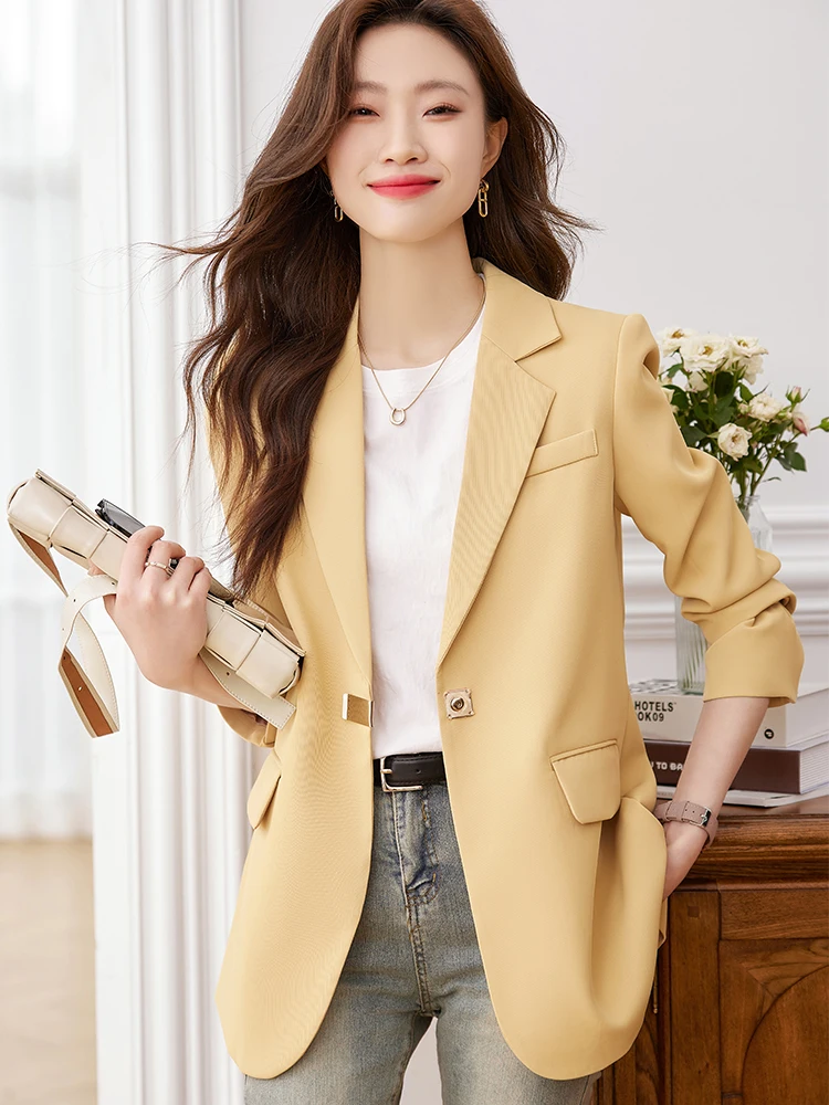 Fashion Autumn Winter Women Blazer Coat Coffee Black Yellow Female Long Sleeve Loose Ladies Casual Jacket