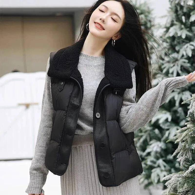 Large Size Korean Design Lamb Skin Splicing Thickened Cotton Vest Casual Commute Style Windproof Outerwear For Autumn And Winter