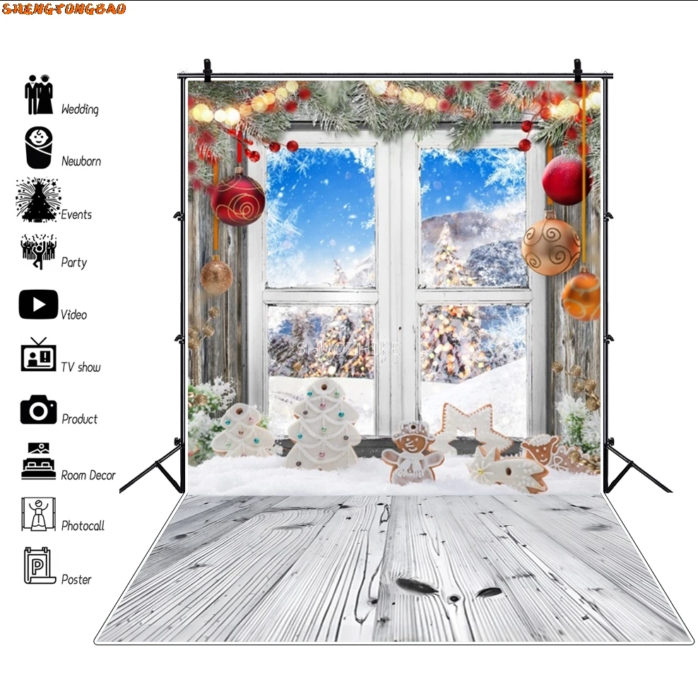 Inverno natal pano de fundo piso de madeira pinho floco de neve estrela decoração da árvore de natal bola vermelha brinquedo do bebê fotografia fundo estúdio foto