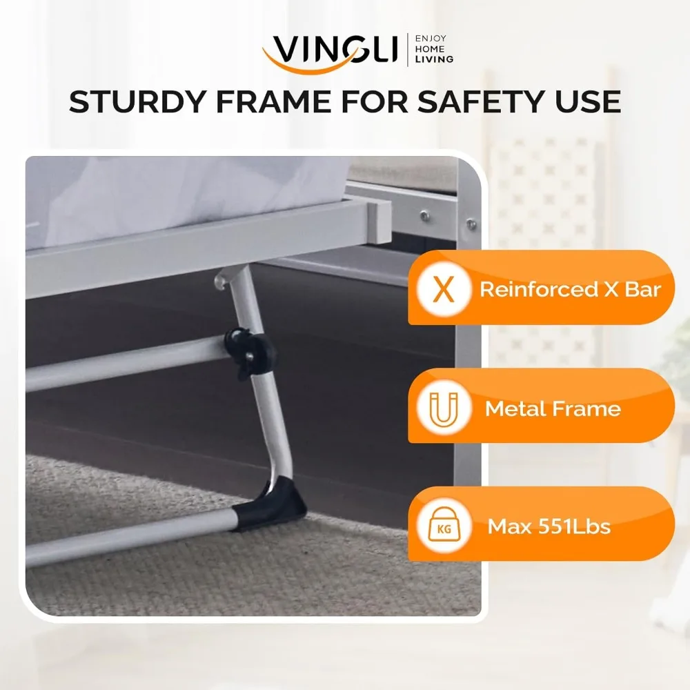 سرير نهاري VINGLI مع دولاب منبثق، سرير مزدوج معدني شديد التحمل مع دولاب، لا حاجة إلى صندوق زنبركي، أبيض