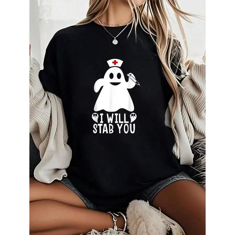 

Women's Halloween Nurse T-shirt I Will Stab You Slogan Tee Funny Nurse Ghost Graphic Top