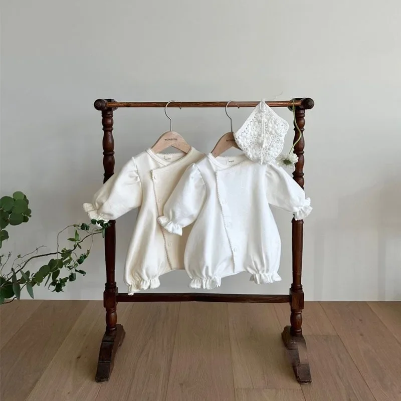 Newborn Photography Romper 2023 New Kids Clothing Korean Summer Autumn Solid Color One-piece Fashion Single Breasted Lace Cuff