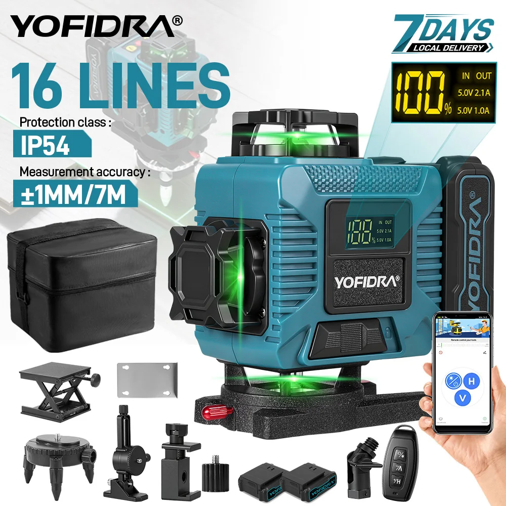 YOFIDRA 16 Linien 4D Laser-Nivelliergerät APP-Fernbedienung 360° Vertikale & Horizontale Laser Professionelles Superstarkes Grünes Laser-Nivelliergerät