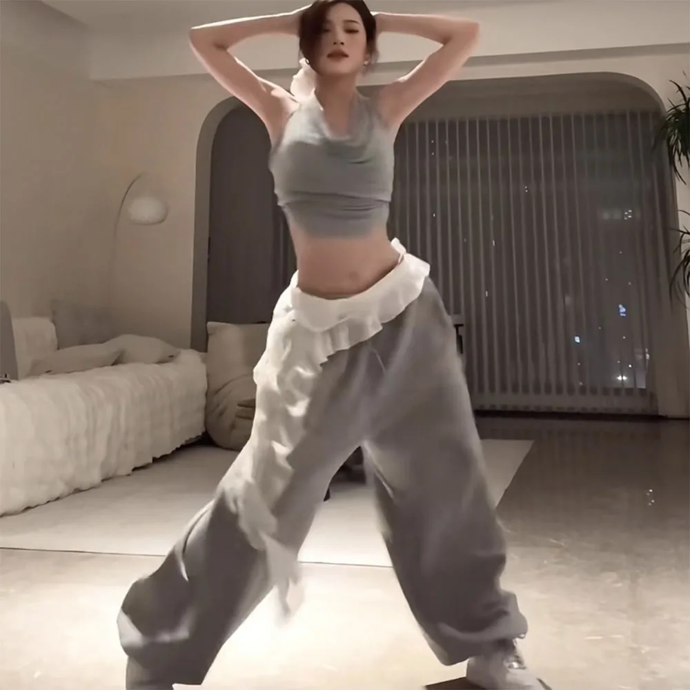 ジーンズパンツ装飾ヒョウレースミニスカート不規則な Y2K ストリートシャーリングスカートシースルー原宿プリーツスカート