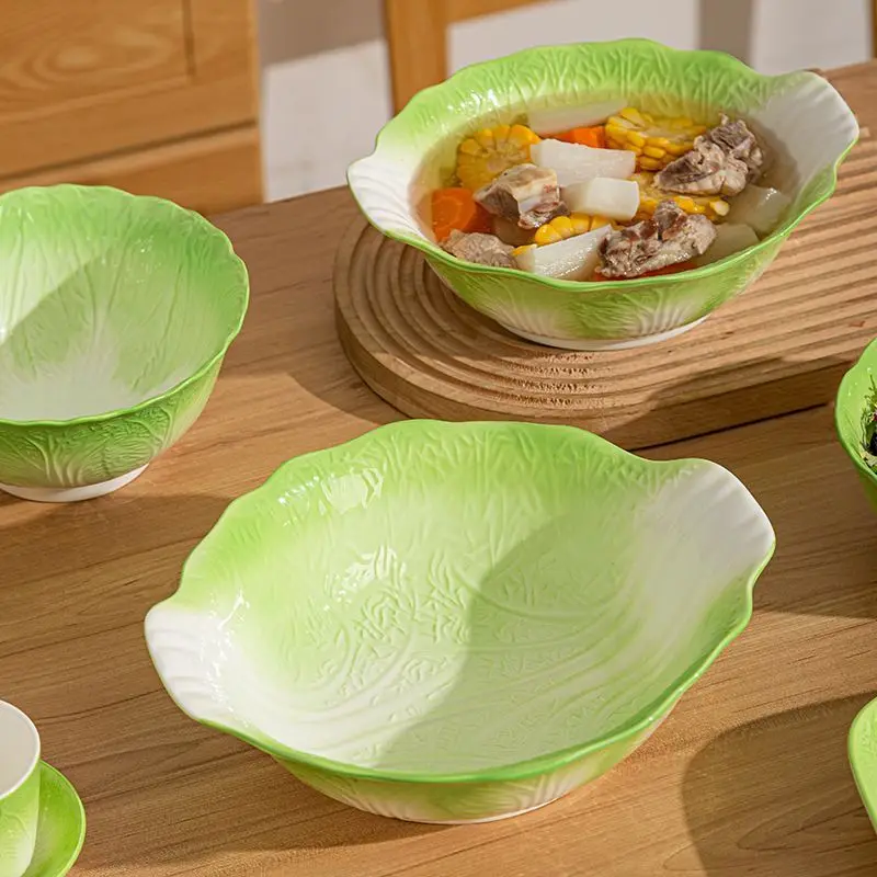 Cabbage Underglaze Colored Tableware Set,Combination of Ceramic Bowls Plates and Dishes,Symbolizing Wealth Prosperity Ornament