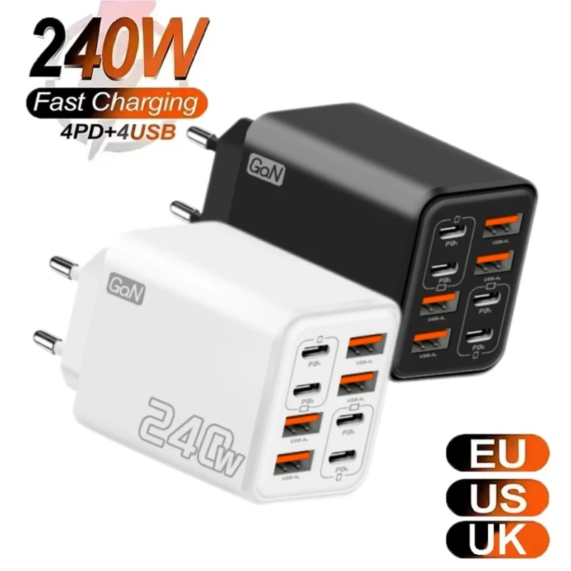 240W GaN USB C Charger 8 in 1 Fast Charging Phone Charger Power Adapter For iPhone Samsung Xiaomi Type C EU/US Plug Wall Charger