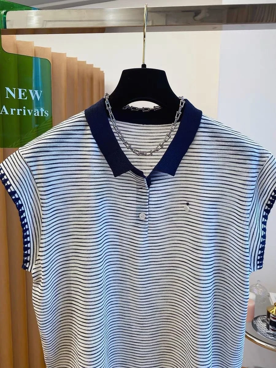 

High-End Retro Striped ort-Sve T-irt ex Summer Loose Slimming Versatile Top Trendy Turn-Down Collar Casual Wear