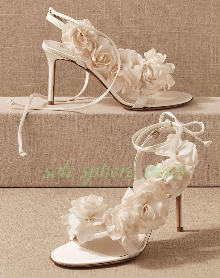 

Women's 3D Flower Stiletto Heel Off White Wedding Sandals Bridal Open Toe Lace -Up High Heel Elegant Party Heels Shoes Size 3446