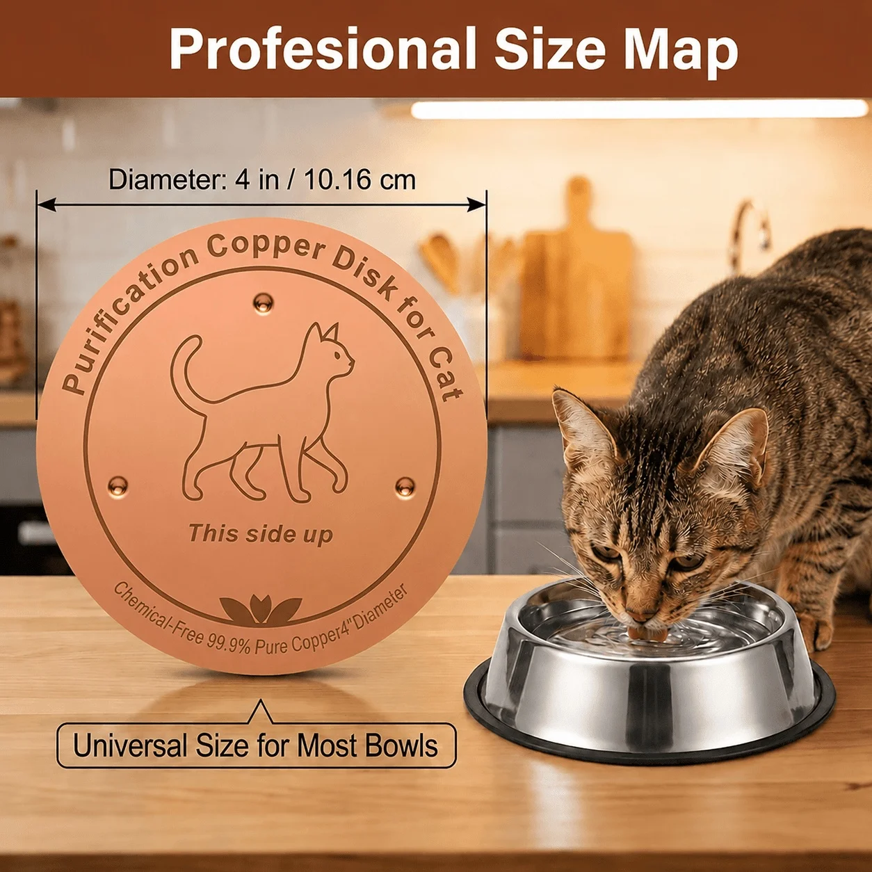 Copper pet water dish with a three-point support design, made of 99.9% pure copper. Suitable for various pets such as dogs, cats