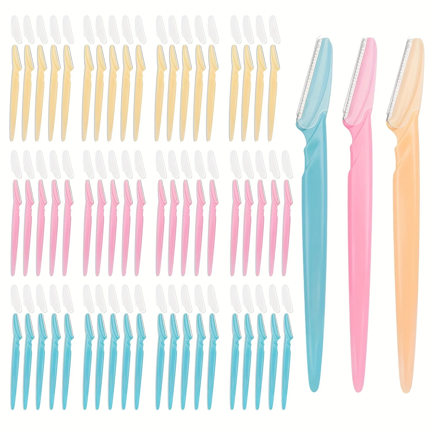 60 Three-Color Eyebrow Trimmers, Suitable for Beginners, Facial Hair Removal Tools, Facial Eyebrow Razors, and Peach-Shaped Hair Removal Razors with Protective Covers