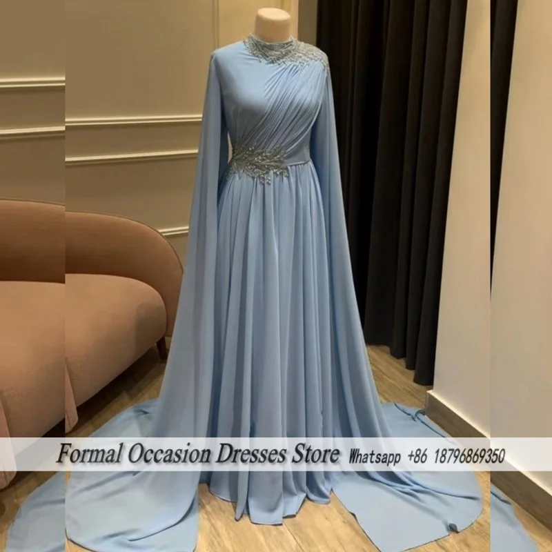 

Light Blue Tulle High Neck Evening Dress For Women Exquisite Beaded Applique Long Prom Dresses 2025 Customized Vestido De Gala