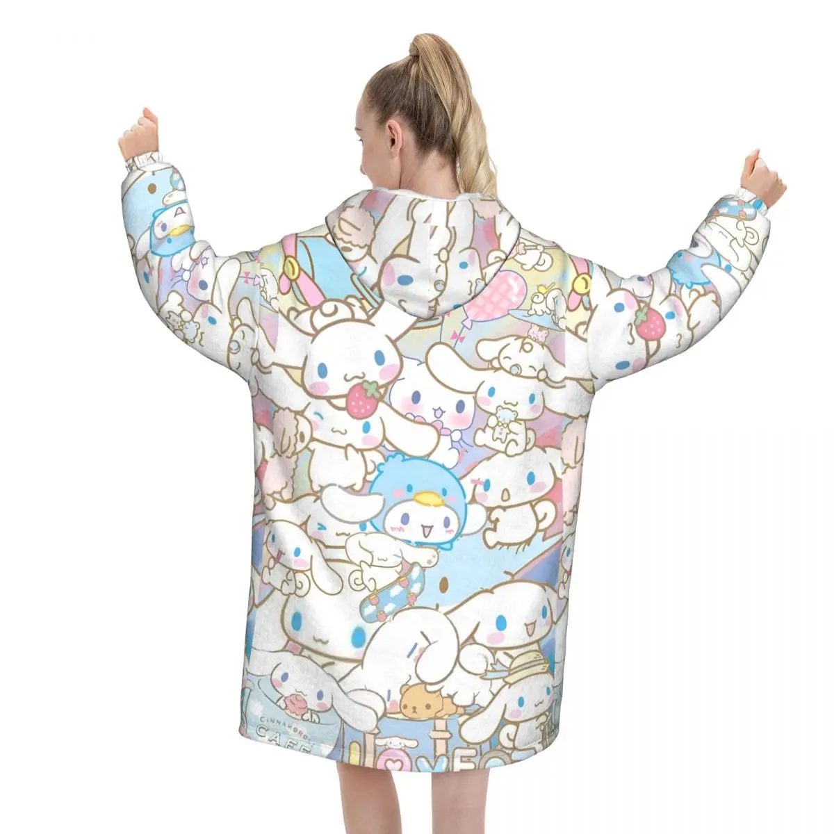 Cartoon Cinnamoroll Kawaii Wearable Blanket Hoodie for Women Men Oversized Sweatshirt Blanket with Pocket