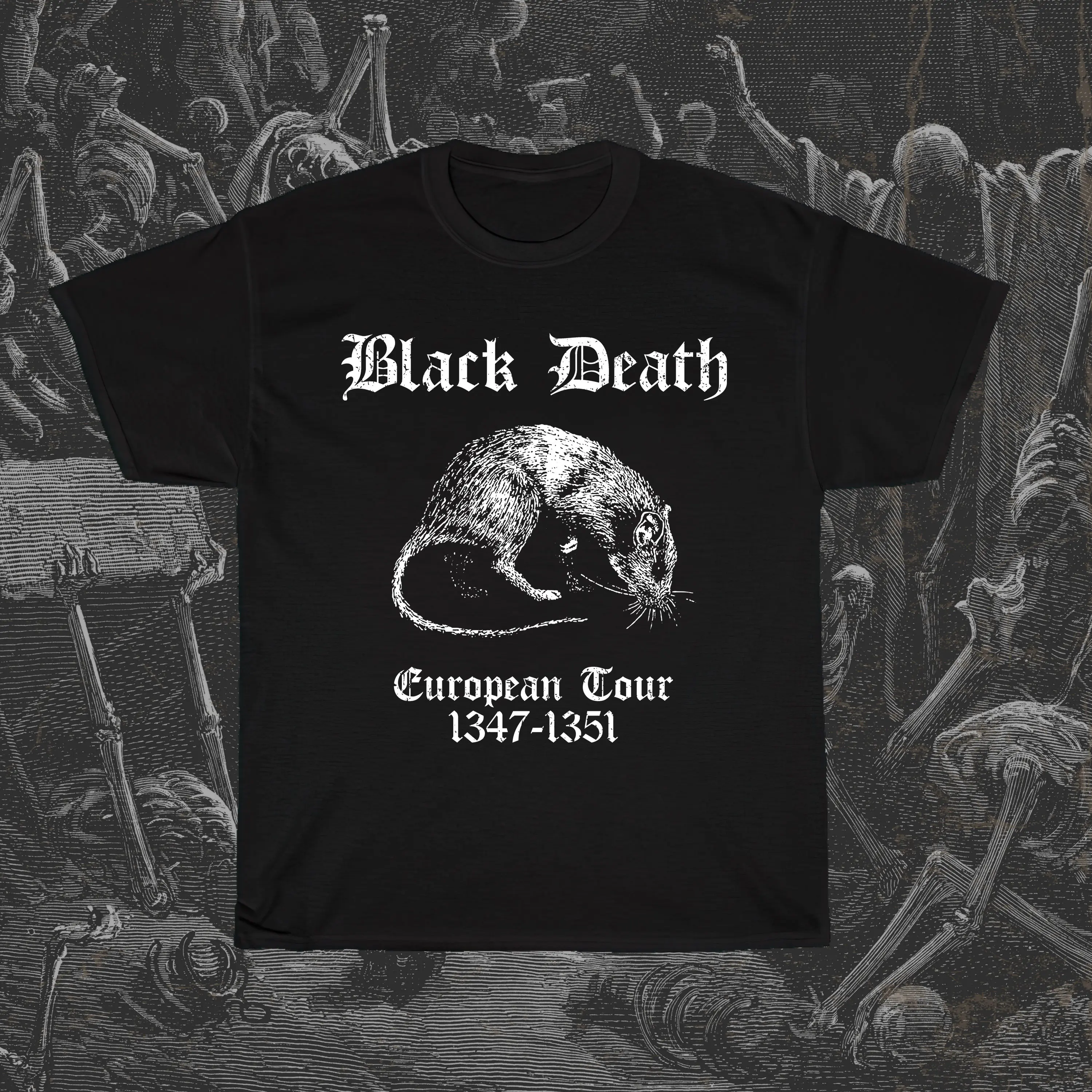 เสื้อยืดสีดำความตายทัวร์ยุโรปตลก morbid TEE plague