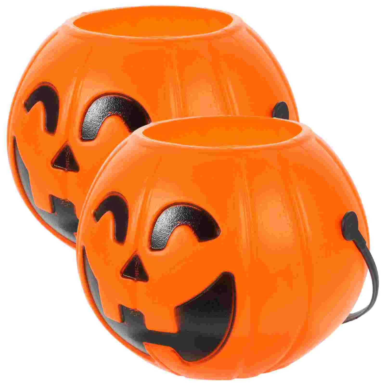 2 Pcs Pumpkin Trick or Treat Bucket Mini Halloween Decor Candy Holder Pail Lantern Kettle