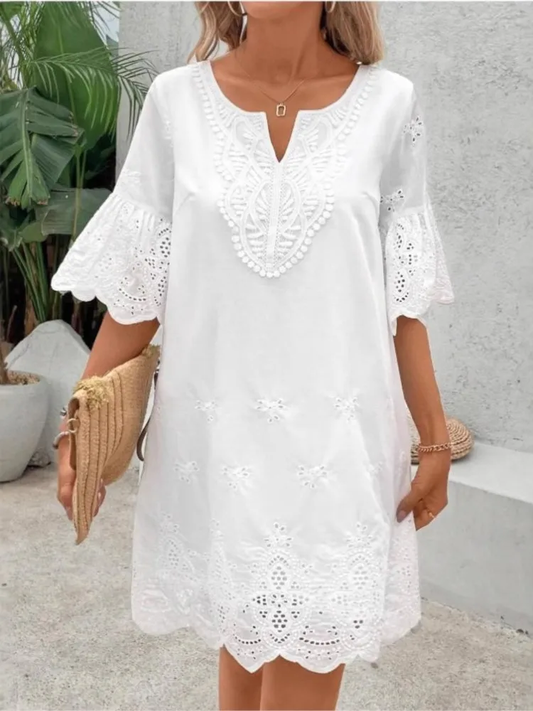 

Fashion Casual Lace V-neck Short Sleeve Dress New Hollow Out Elegant Casual White Office Holiday Party Dresses Robe Femme Summer