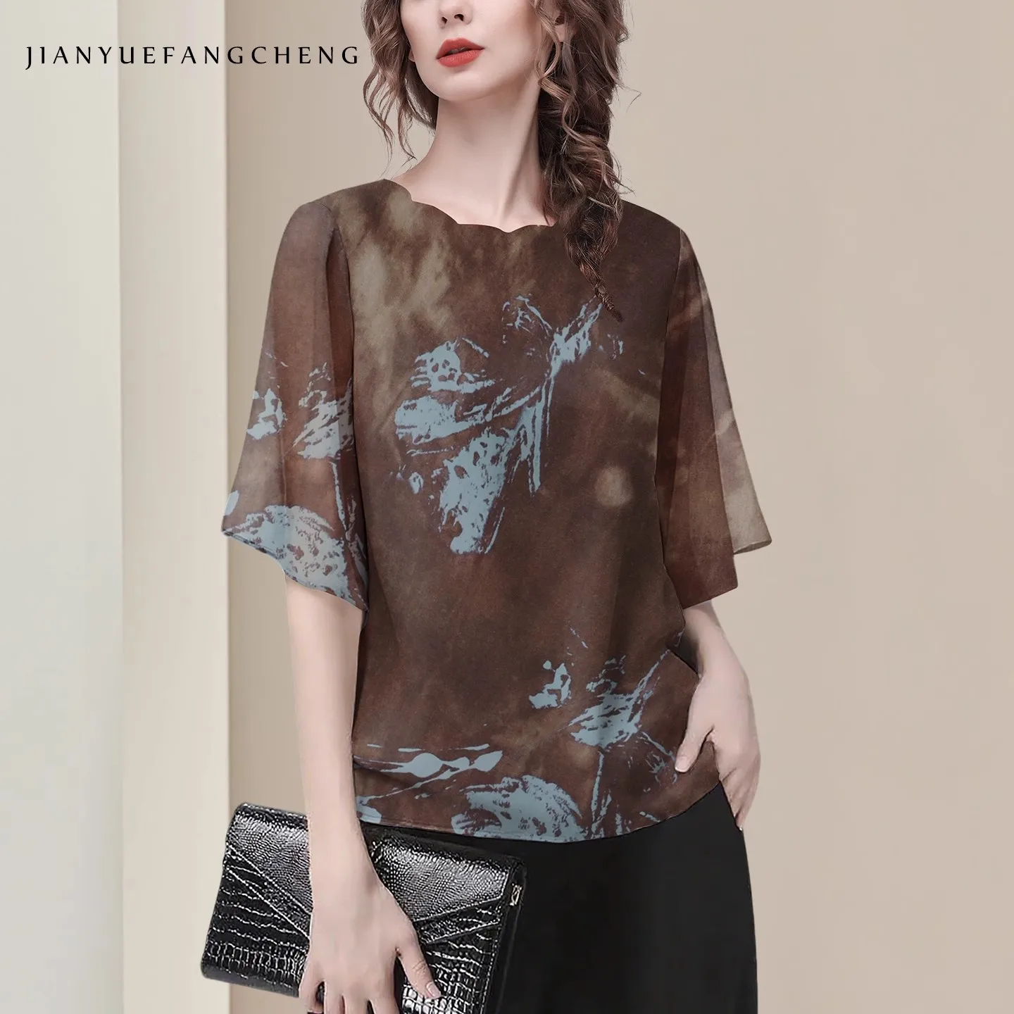 

Vintage Distressed Womens Summer Lightweight Printed Chiffon Top Loose-fittiing Short Sleeve Crew neck Casual Cool Blouses