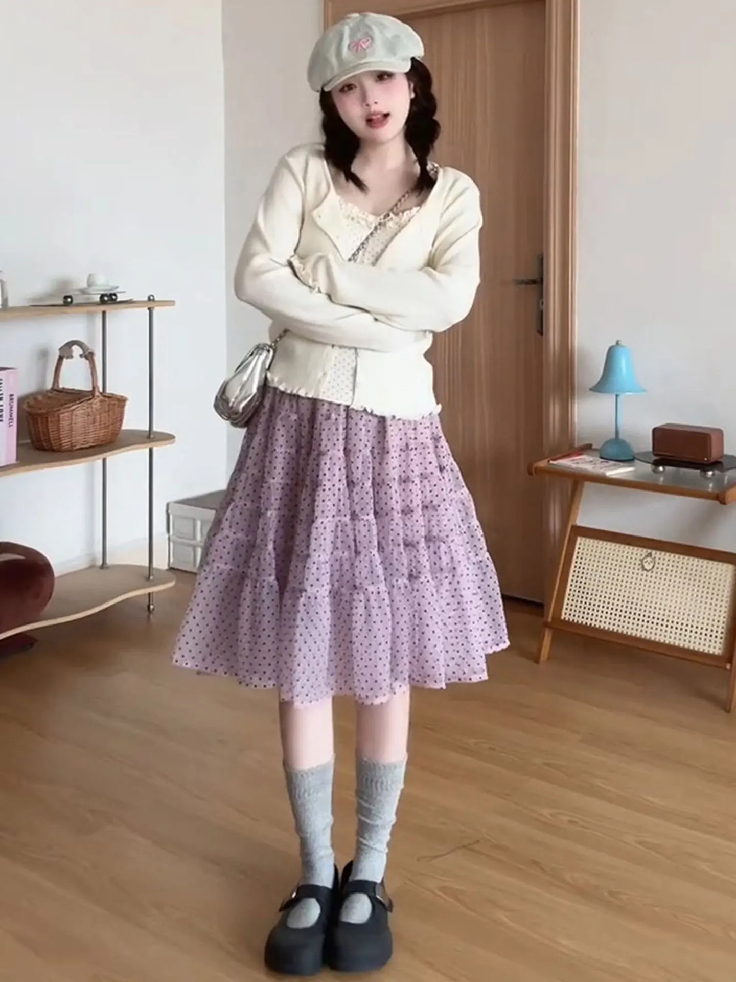 

plus Size Women's Sweet Style Pink Purple Polka Dot Mesh A-Line Skirt Summer Slimming High Waist Polyester Cake Skirt